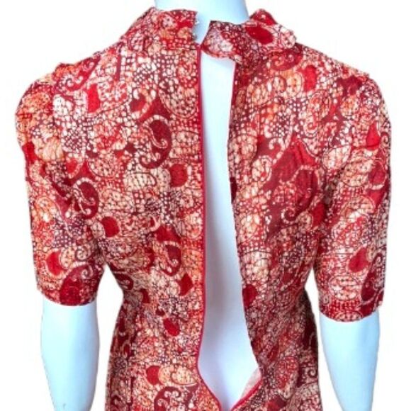 100% Cotton Red Batik Modest High Neck Floor Length Ruffled Maxi Dress Malaysian - Picture 8 of 11